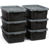 Rubbermaid 6-Pack Totes for Storage with Lids, Heavy Duty Plastic Storage Bins with Lids, Black Gray, 10 GAL - Stackable for Garage, Attic, Camping (10 GAL - 6 Pack Solid Black and Grey) Rubbermaid