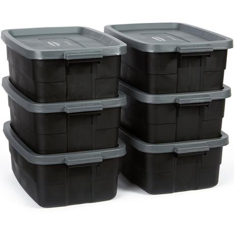 Rubbermaid 6-Pack Totes for Storage with Lids, Heavy Duty Plastic Storage Bins with Lids, Black Gray, 10 GAL - Stackable for Garage, Attic, Camping (10 GAL - 6 Pack Solid Black and Grey) Rubbermaid