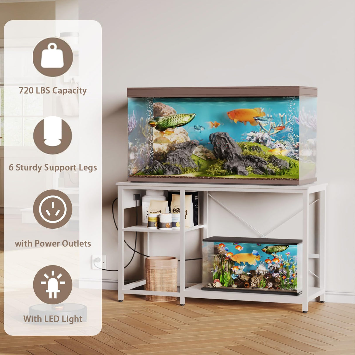 BEURUKU 55-75 Gallon Fish Tank Stand with Power Outlet & LED Light, Metal Aquarium Stand with 3 Tier Adjustable Storage Shelves, Tank Stand for Reptile Tank, Turtle Tank, 52" L*19.5" W, White BEURUKU
