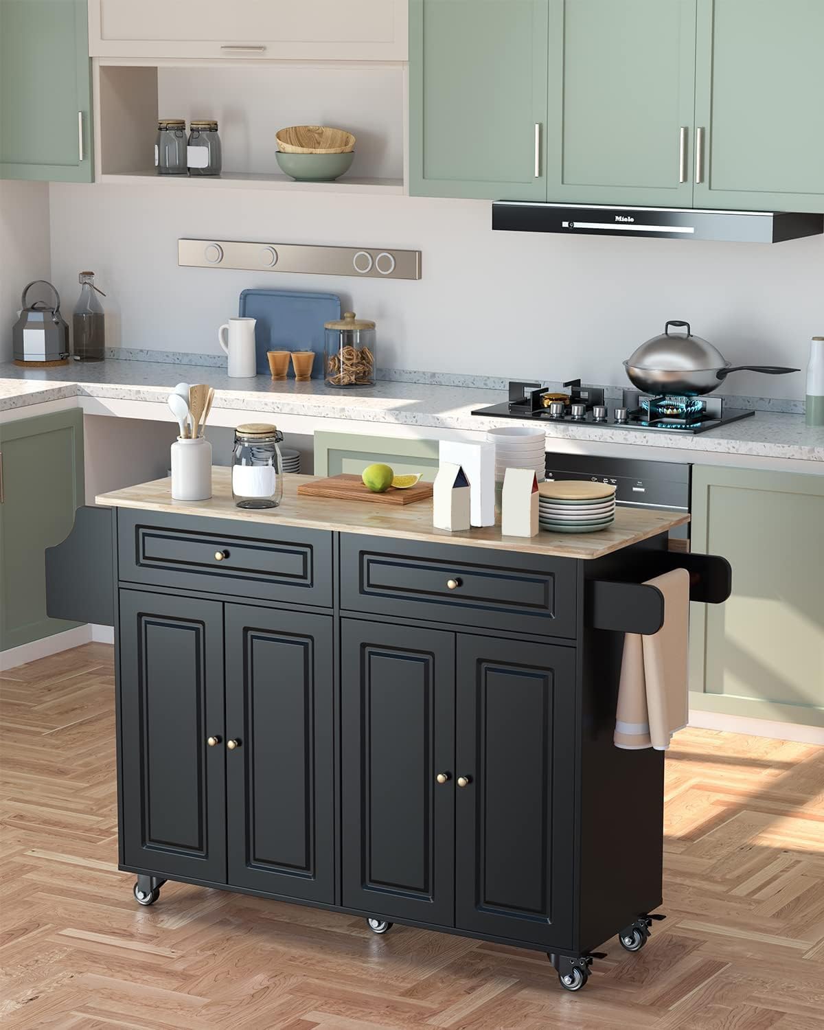 Qsun Kitchen Island with Storage, Kitchen Cart on 5 Universal Wheels, Mobile Kitchen Island with Rubber Wood Top and Side Rack (Black) Qsun