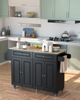 Qsun Kitchen Island with Storage, Kitchen Cart on 5 Universal Wheels, Mobile Kitchen Island with Rubber Wood Top and Side Rack (Black) Qsun