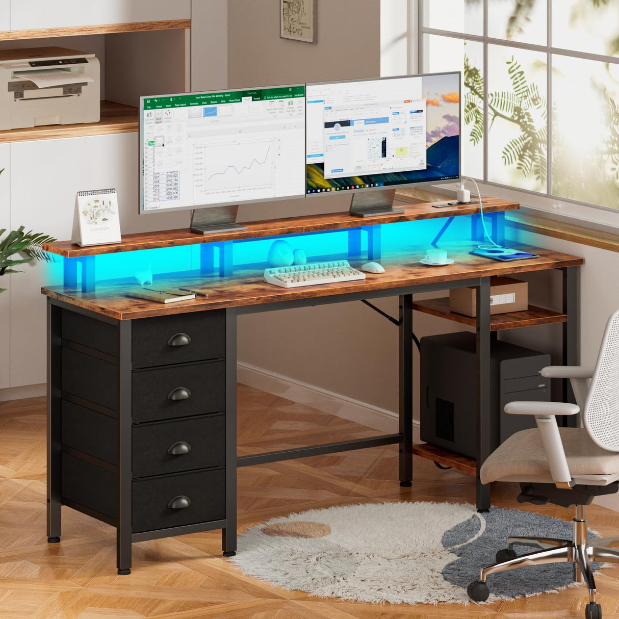 Furologee 61 Inch Desk with 4 Drawers, Computer Desk with Power Outlets and LED Lights, Office Desk with Long Monitor Stand, Large Gaming Desk with Shelf for Home Office/Bedroom/Brown Furologee