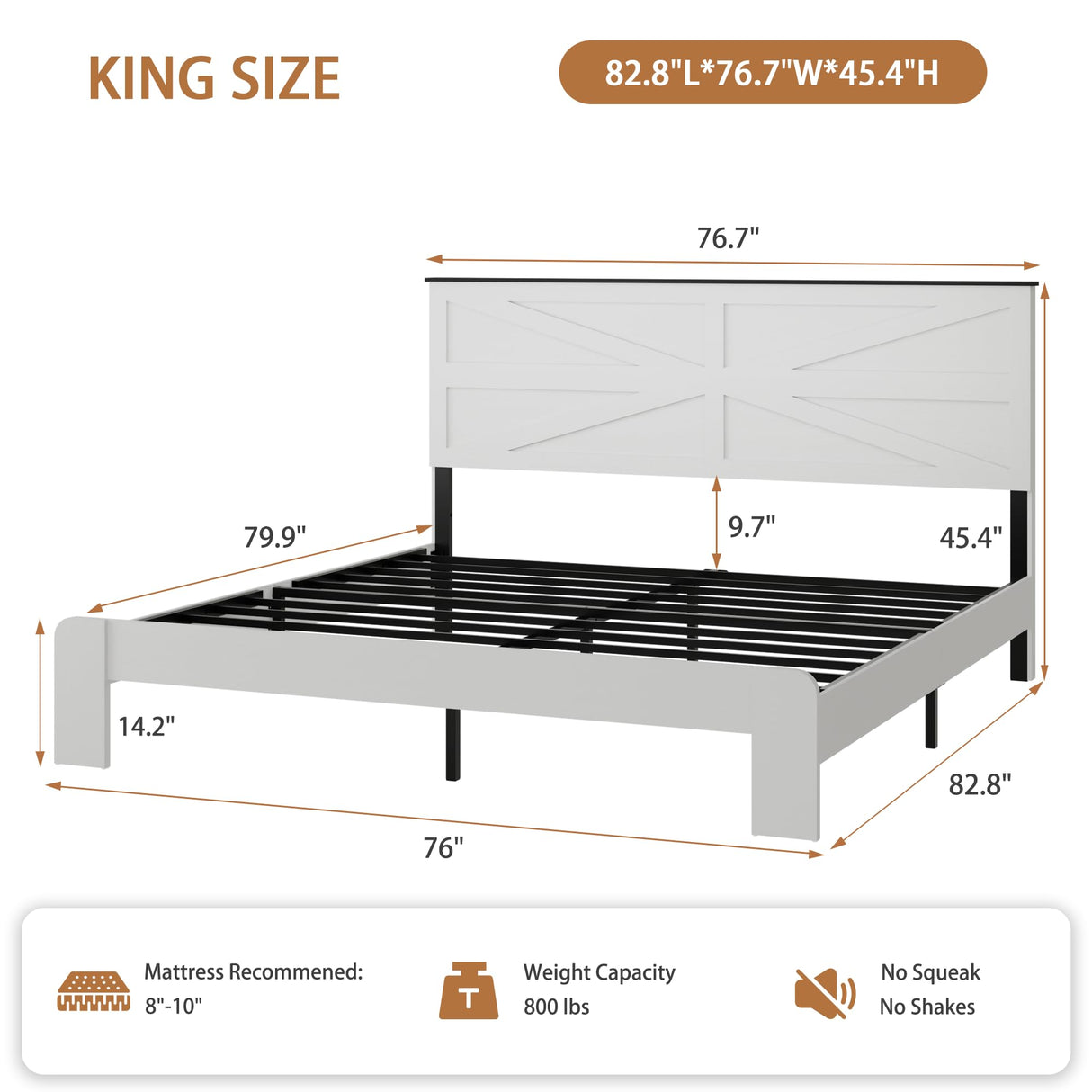 madeslves Farmhouse King Size Wooden Bed Frame with Headboard, Boho Platform Bedframe, Sturdy Metal Slats Support, No Box Spring Needed, Noisy Free, Easy Assembly, White madeslves