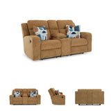 Signature Design by Ashley Kanlow Contemporary Manual Double Reclining Loveseat with Console, Storage, Cup Holders and 2 Accent Pillows, Light Brown Signature Design by Ashley