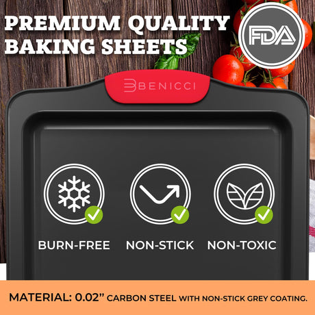 Premium Non-Stick Baking Sheets Set of 3 - Deluxe BPA Free, Easy to Clean Racks w/Silicone Handles - Bakeware Pans for Cooking Baking Roasting - Lets You Bake The Perfect Cookie or Pastry Every Time Benicci