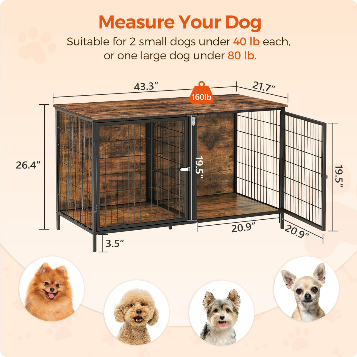 MAHANCRIS Dog Crate Furniture for 2 Dogs, 43.3" Dog Kennel with Removable Divider, Heavy Sturdy Dog Furniture Style Double Cage for Small Medium Dog, Indoor Dog House End Table, Rustic Brown DCHR1201 MAHANCRIS