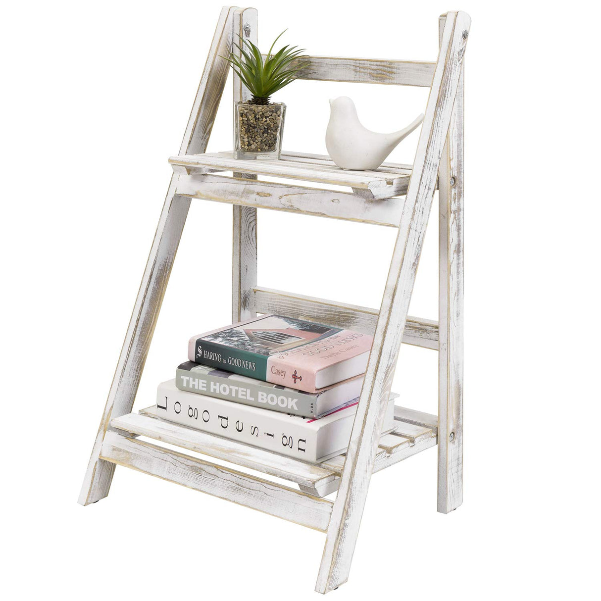 MyGift 2 Tier Rustic Whitewashed Solid Wood Freestanding Foldable Indoor Plant Stand, Decorative Wooden Display Shelf MyGift
