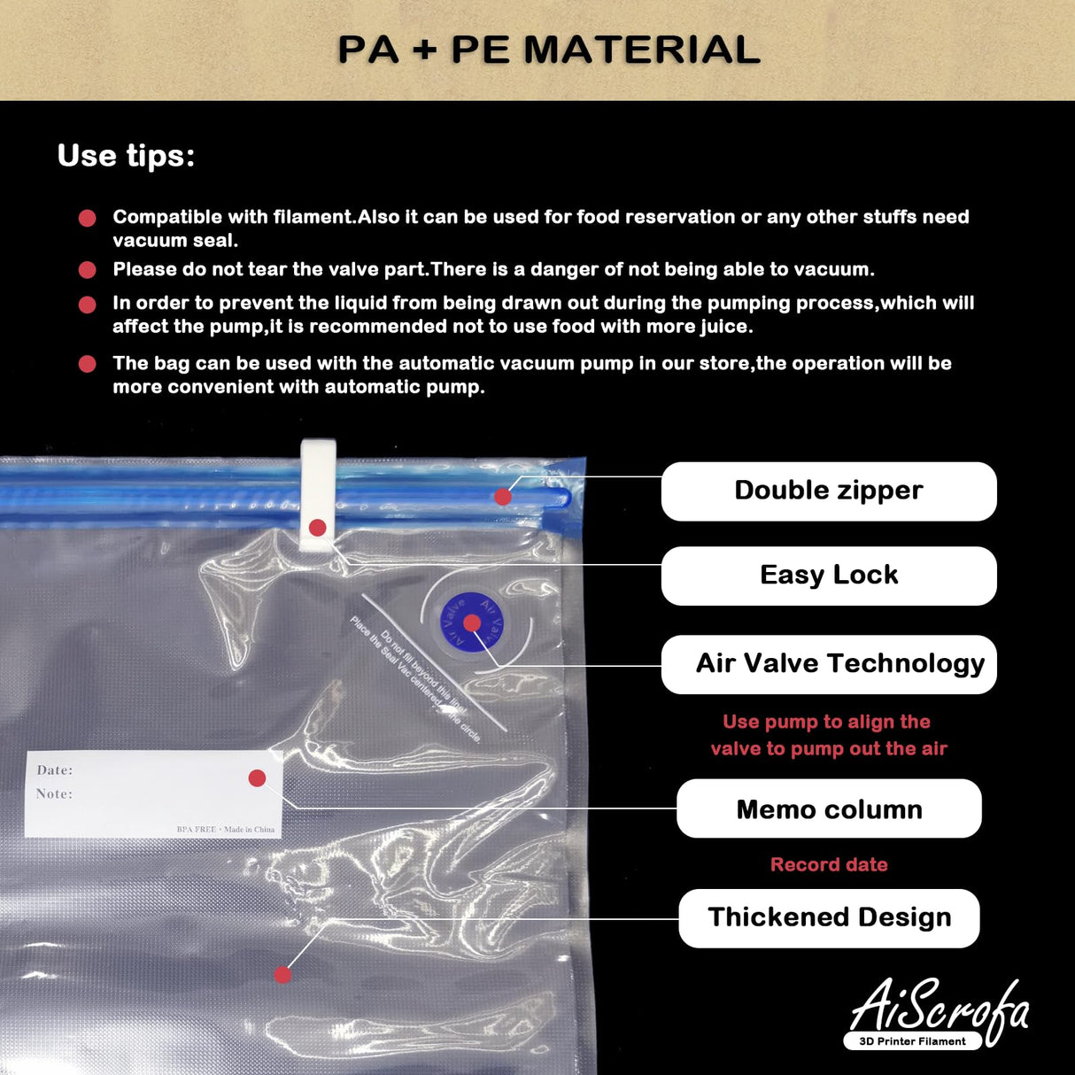 AiScrofa Filament Storage Bag Vacuum Kit with Two Sizes - 39 PCS Cleaning Drying Sealed 25 Bags for 3D Printer Filament with Desiccants/Humidity Indicator (Automatic Pumps Vacuum Bags Kit 25 Pack) AiScrofa