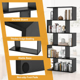 Tangkula 5-Tier Geometric Bookshelf, S Shaped Bookcase w/Anti-Toppling Device, Freestanding Room Divider, Industrial Home Office Decor Wood Open Storage Display Shelf for Living Room (1, Black) Tangkula
