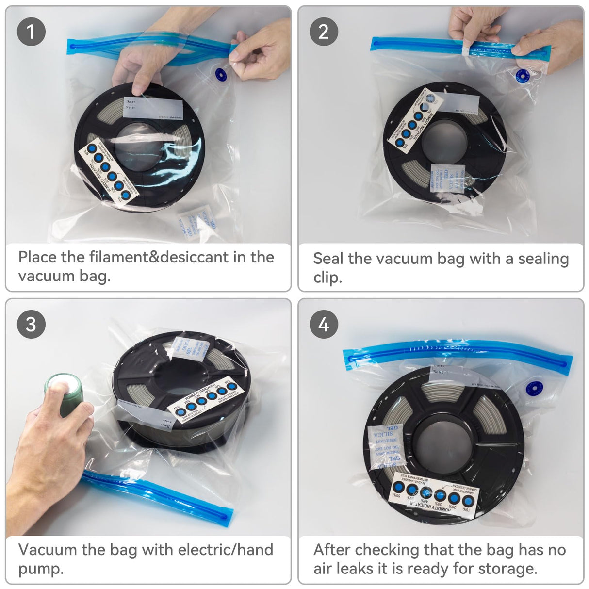 YOOPAI Filament Storage Bags Kit 32 Pcs with Auto Pump, 10 Filament Vacuum Storage Bags Plus 10 Desiccants/Humidity Indicator Cards and 2 Clips, Filament Storage Box Designed for Filament Storage YOOPAI