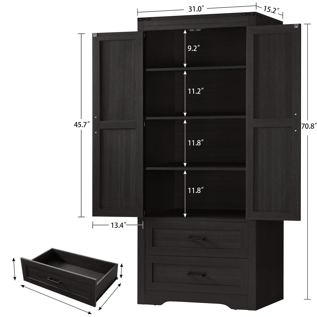 Quimoo 71" Farmhouse Tall Storage Cabinet with Barn Doors, Kitchen Pantry Cabinet with 2 Drawers & Adjustable Shelf, Pantry Storage Cabinet, for Kitchen, Living Room, Dining Room, Black Quimoo