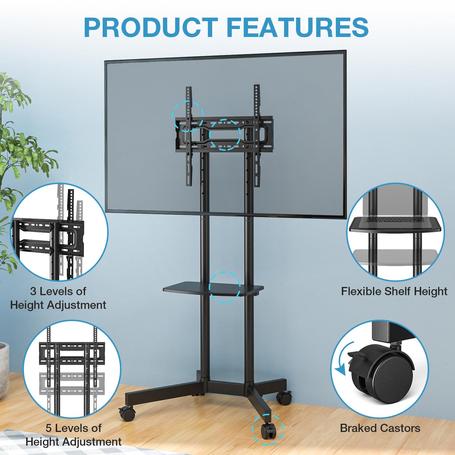 YOMT Mobile TV Stand for 32-75 inch TVs - Height Adjustable Rolling TV Stand, 88lbs Capacity, 2-inch Caster Wheels Portable TV Stand with Removable Storage Shelf