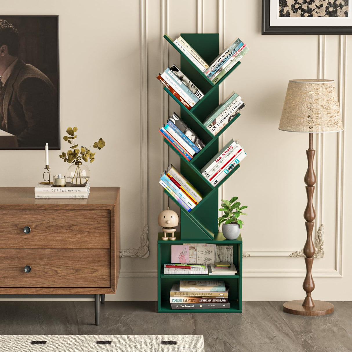 SHEEPAM 10 Tier Tree Bookshelf,Christmas Green Bookcase for Narrow Space, Storage Organizer Floor Standing Bookshelves for Books, Tall Book Case for Home Office, Living Room, Bedroom