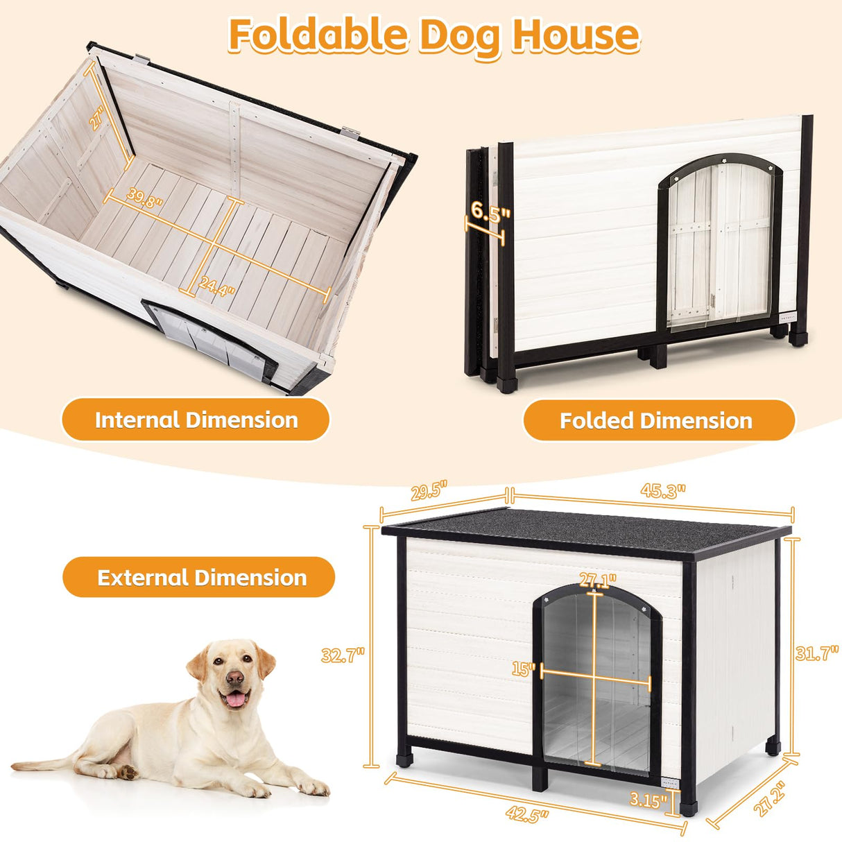 Petsfit 45.3" Large Dog House, Folding Dog House Outdoor, Unfold to Use, No Tools Required Assembly, Weatherproof Outside Dog House with Door Flap (Large, White) Petsfit