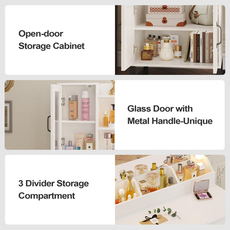 BTHFST Makeup Vanity Desk with Mirror and Lights & Charging Station & Makeup Stool, Vanity Table Set with Glass Top Storage Drawer & Beach & 3 Shelves for Bedroom (Modern White & Black) BTHFST