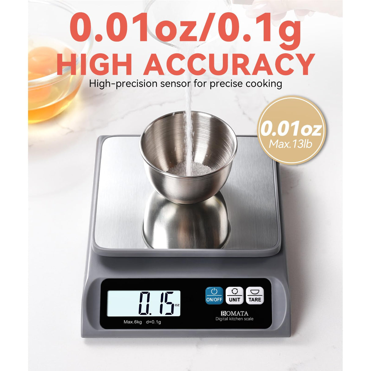 BOMATA 0.1g/ 13lb Food Scale, Digital Kitchen Scale with Removable Stainless Steel Pan, Backlit LCD Display, for Cooking, Baking B621 Grey BOMATA
