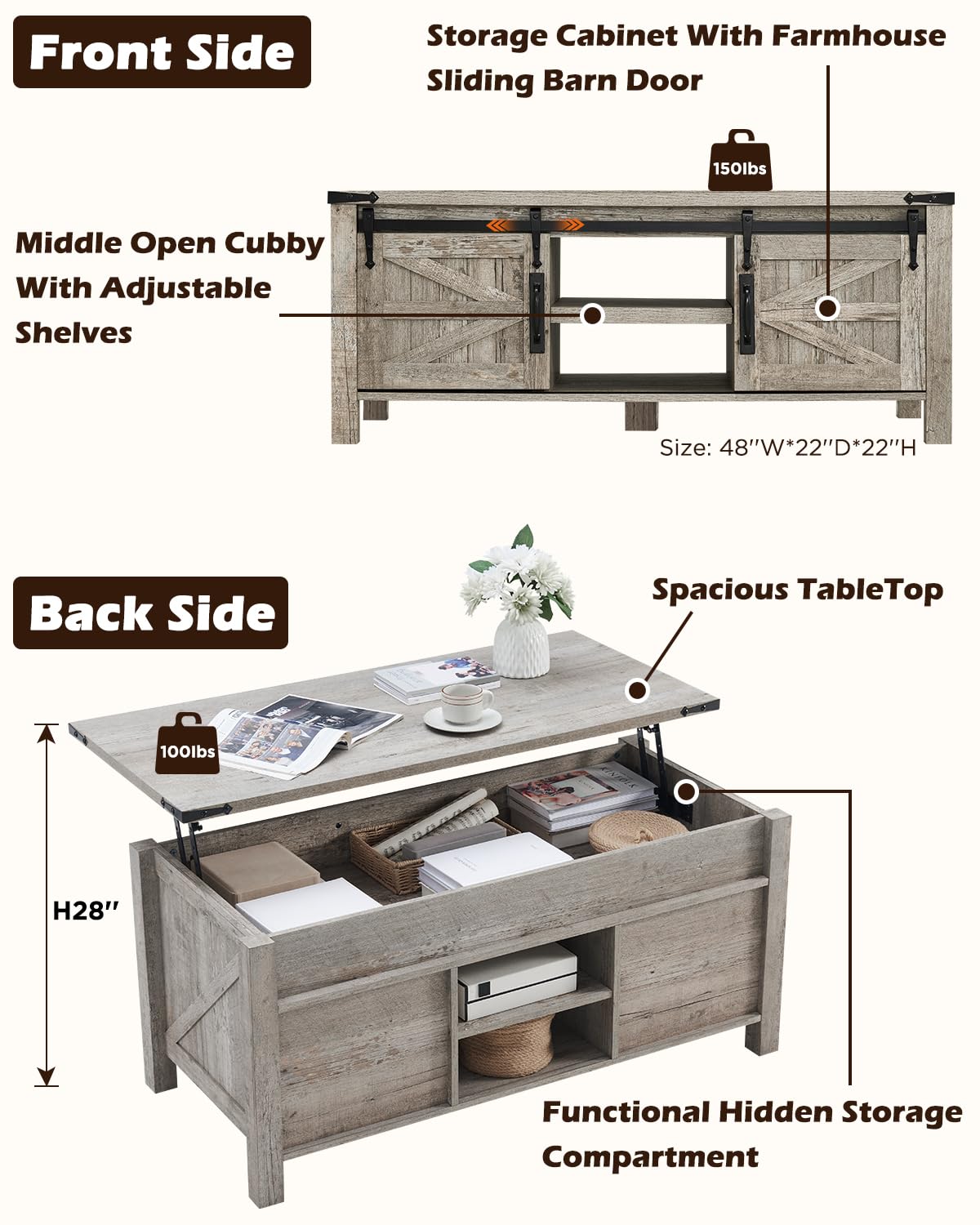 OKD 48" Farmhouse Lift Top Coffee Table with Sliding Barn Door,Rustic Center Table with Hidden Storage Compartment,Lifting Tabletop and Adjustable Shelf for Living Room,Office,Light Rustic Oa - WoodArtSupply