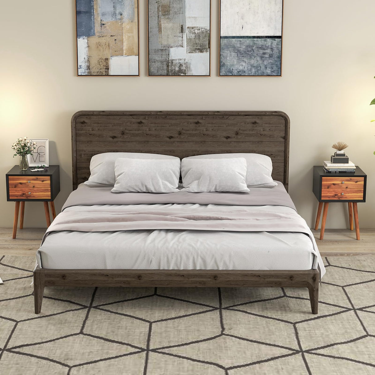 Giantex Nightstand with 2 Drawers, Mid Century Modern Bedside Table with Solid Wood Legs, Practical End Side Table for Living Room Bedroom Small Space, Night Stand, Black & Walnut Giantex