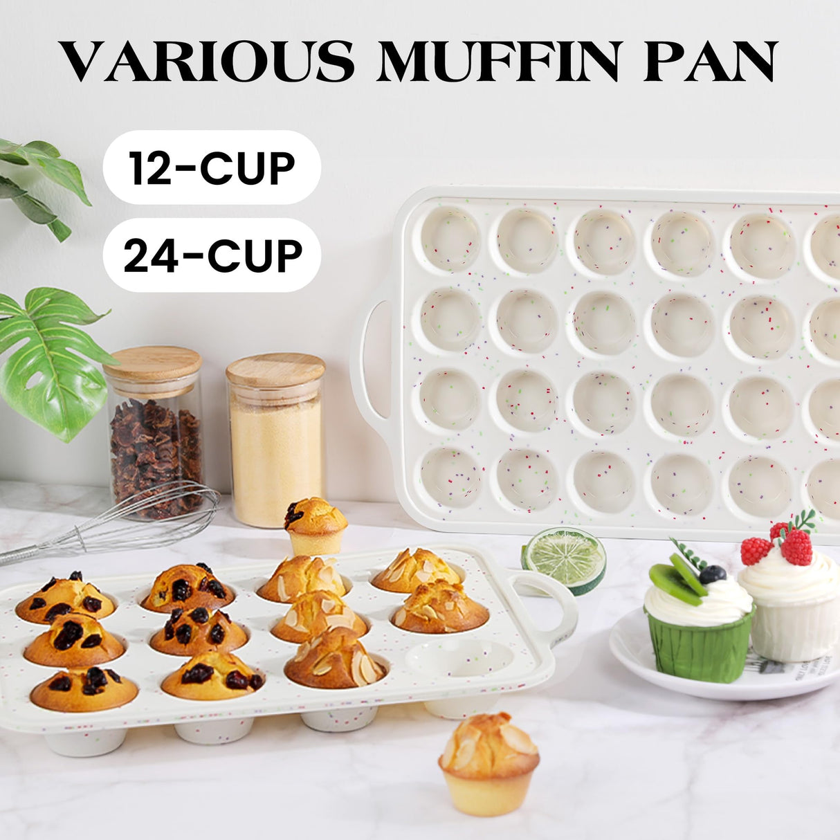 AOTASO Regular 12 Cup and Mini 24 Cup Nonstick Cupcake Pan Set Silicone Muffin Pan for Baking Silicone Cupcake Mold with Metal Reinforced Frame BPA Free (2 Pcs, Cream) AOTASO
