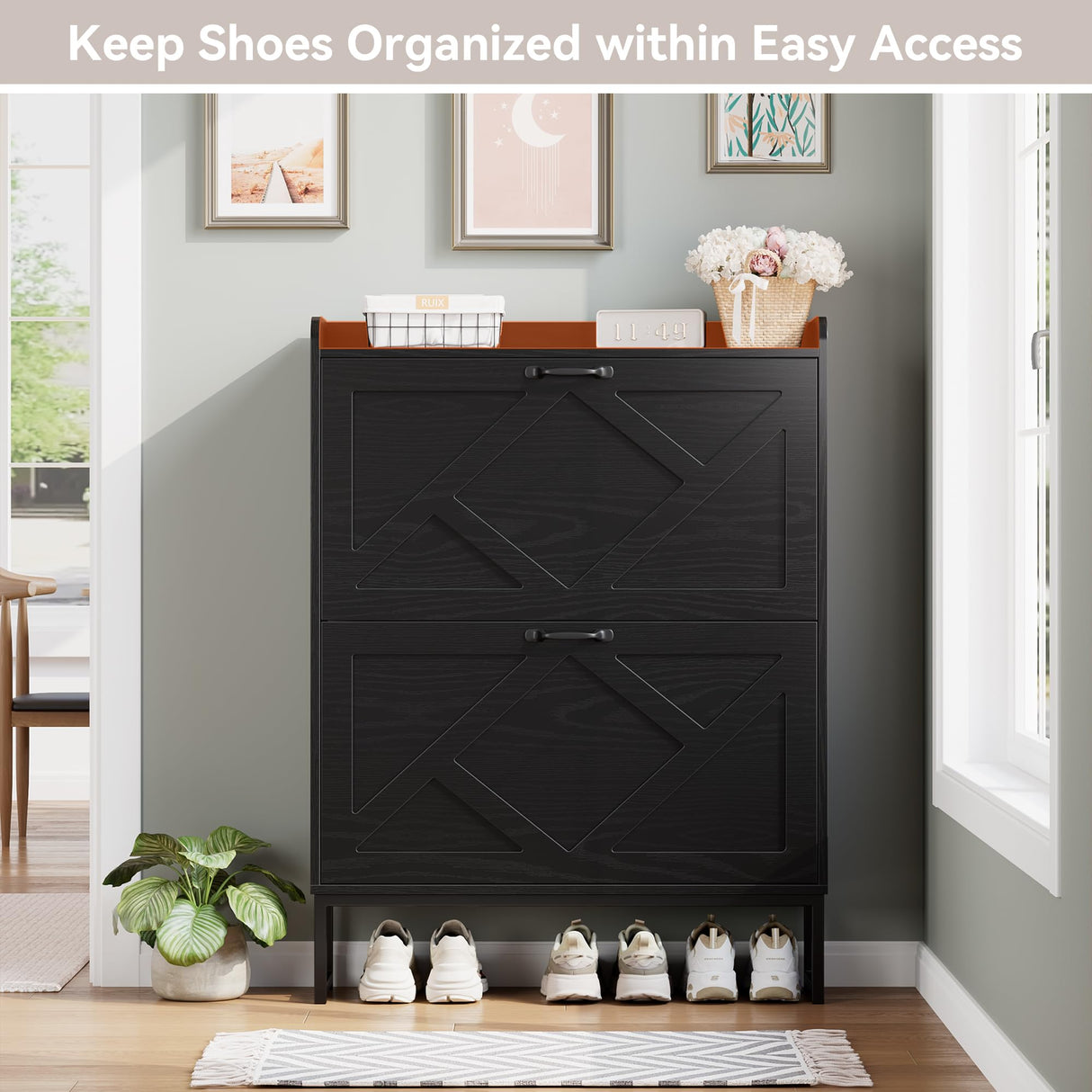 Nicetree Shoe Storage Cabinet with 2 Flip Drawers, Freestanding Shoe Organizer, Shoe Cabinet with Metal Legs, Narrow Shoe Rack Cabinet, Farmhouse Slim Shoe Cabinet for Entryway, Foyer, Hallway, Black Nicetree