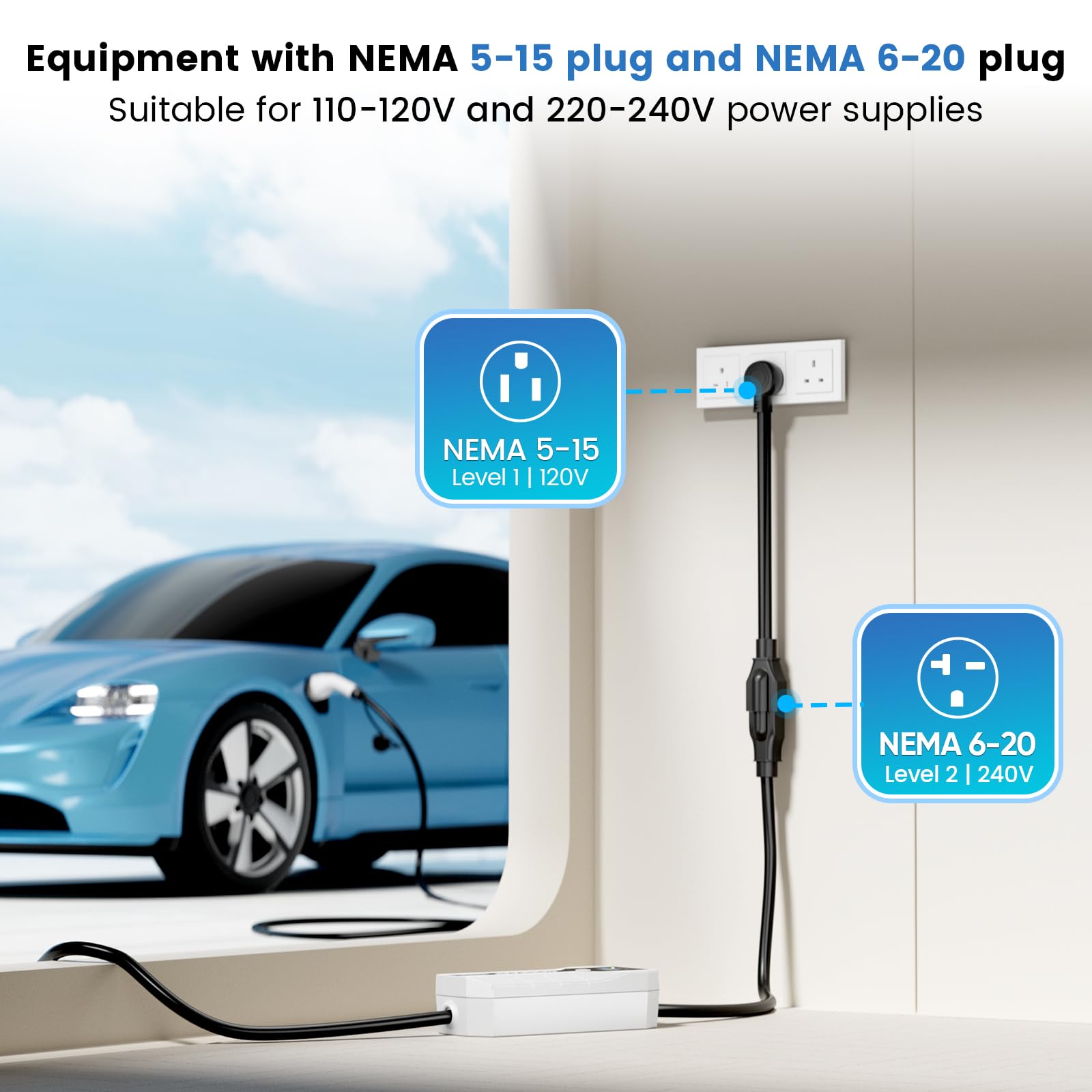 GODIAG Level 1+2 EV Charger - ETL Certified (Adjust 16A,110V-240V) with 20ft Cable, Portable EV Charger with NEMA 6-20 & NEMA 5-15 Plug for J1772 EVs and PHEVs - WoodArtSupply