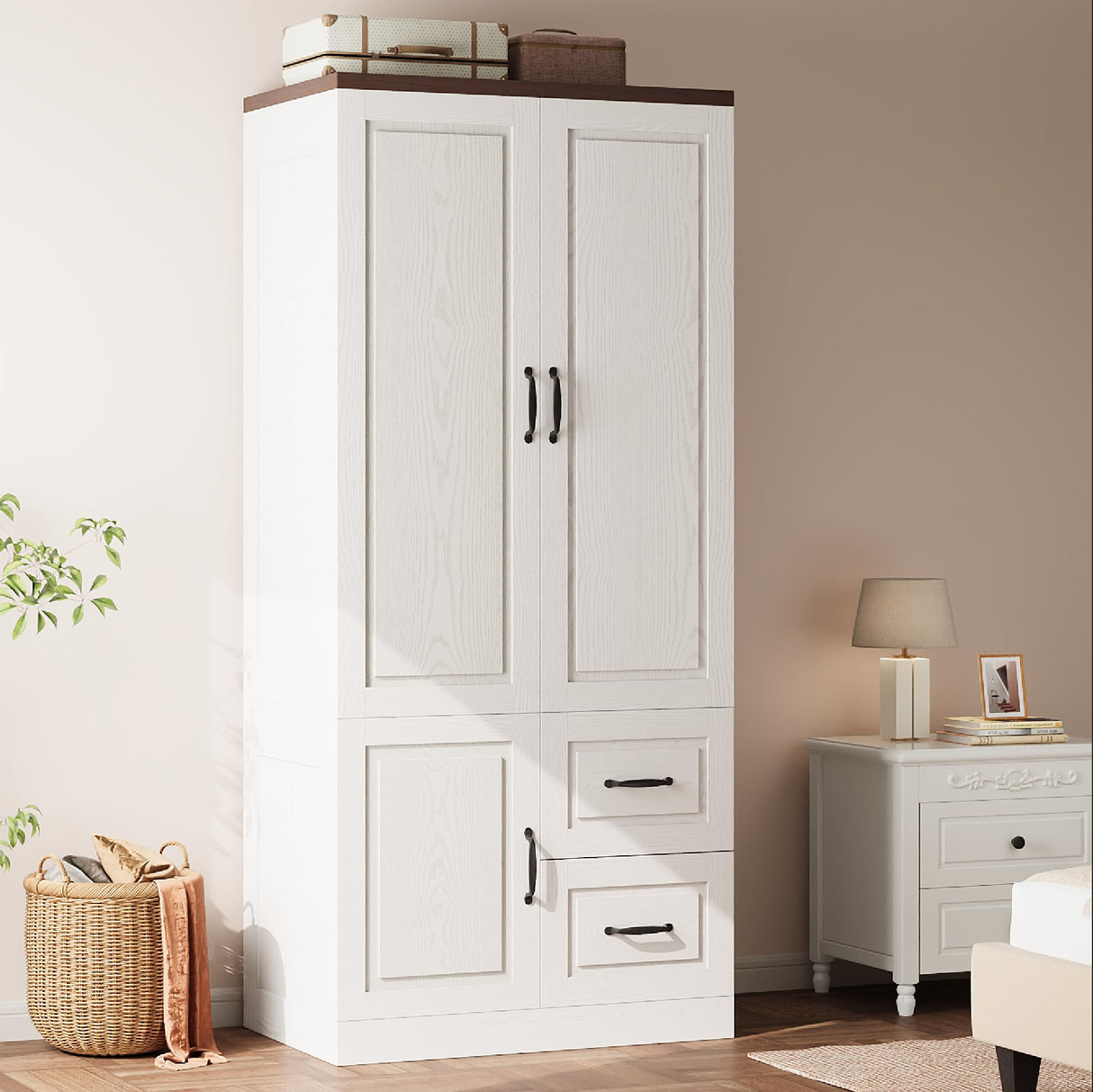 ModernMate Armoire Wardrobe Closet, 71 Inches Tall Wooden Modern Bedroom Armoires with 3 Doors and 2 Drawers, Freestanding Wardrobe Combination Clothing Cabinet with Hanging Rod, White ModernMate