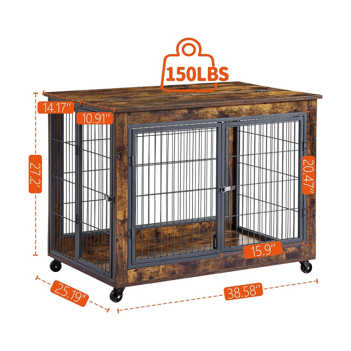 IchbinGo Wooden Dog Crate Table Furniture, 38.5" Dog Kennel with 3 Doors, Flip-up Top Opening and Wheels, Decorative Pet Crate Dog House for Large/Medium/Small Dog Indoor Use (Rustic Brown) - WoodArtSupply