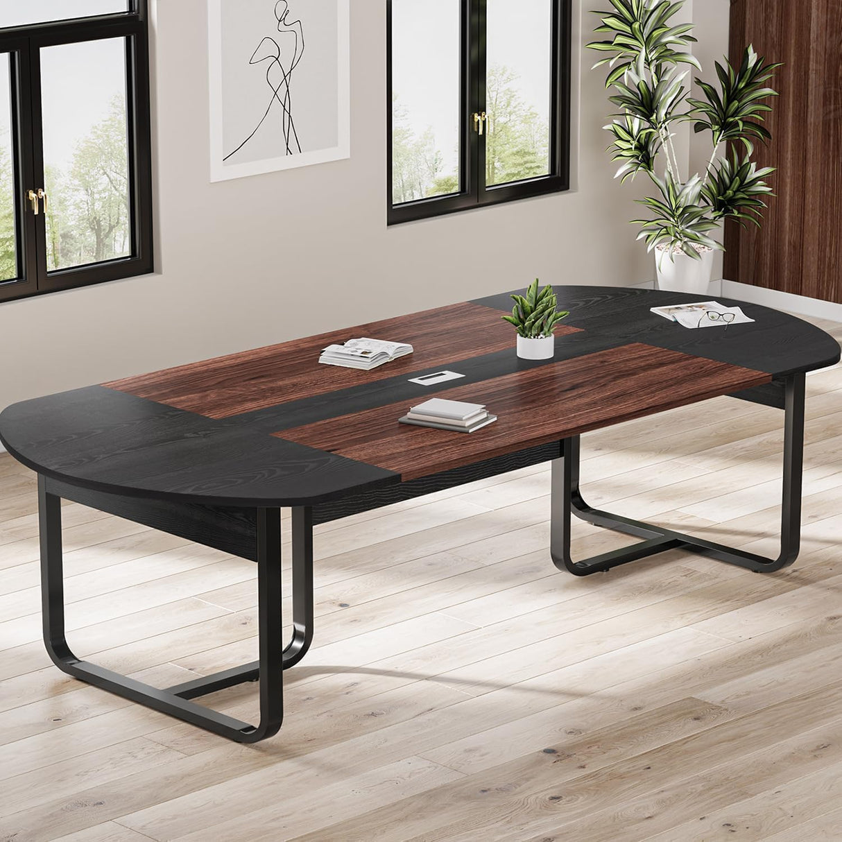8FT Conference Table, 94.5" D x 47.3" W x 29.5" H Boat Shaped Meeting Table with Rectangle Grommet, Modern Seminar Boardroom Table for Office Conference Room (8ft, Walnut & Black) MaverickFurni