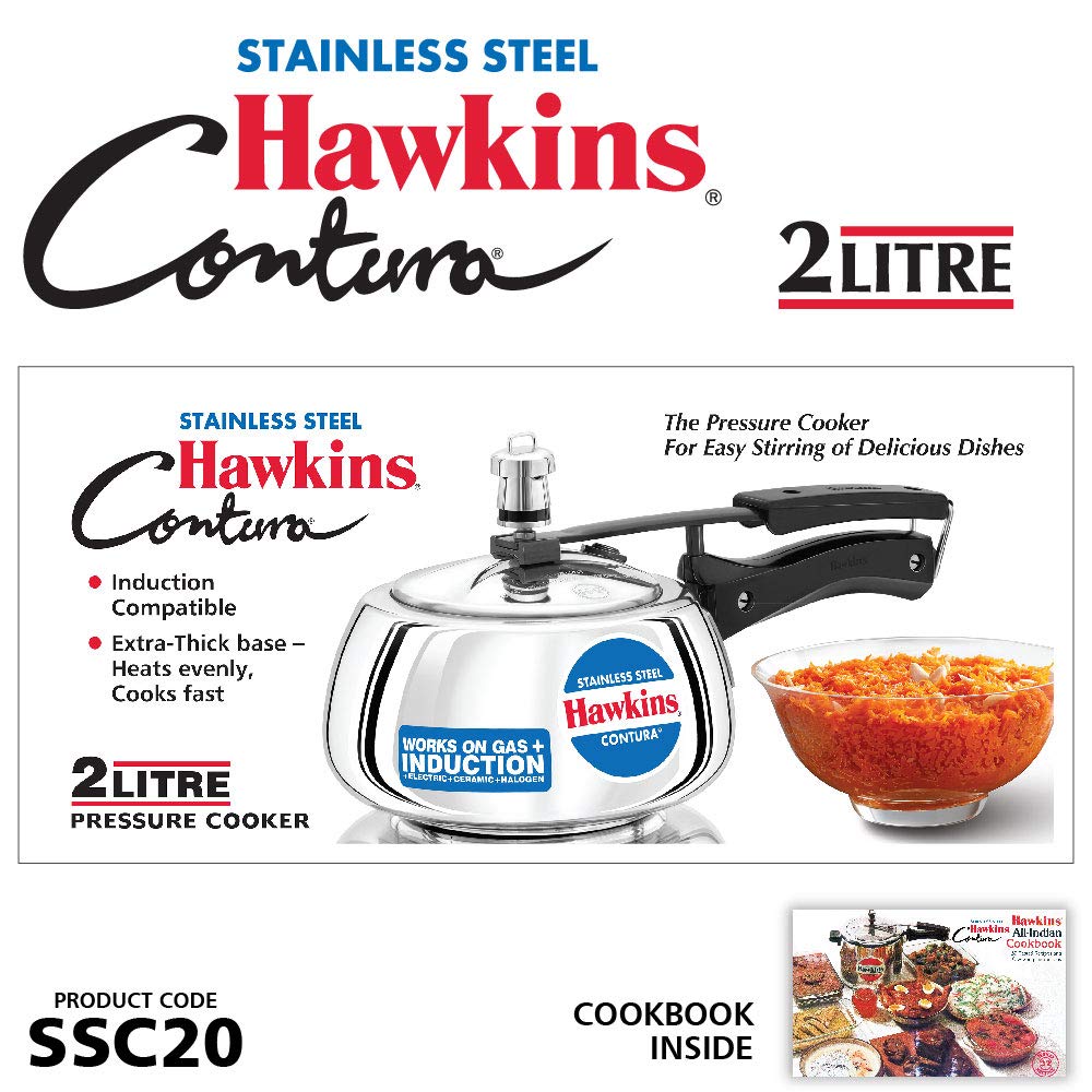 Hawkins 2 Litre Contura Pressure Cooker, Stainless Steel Inner Lid Cooker, Handi Cooker, Induction Cooker, Small Cooker, Silver (SSC20) HAWKINS