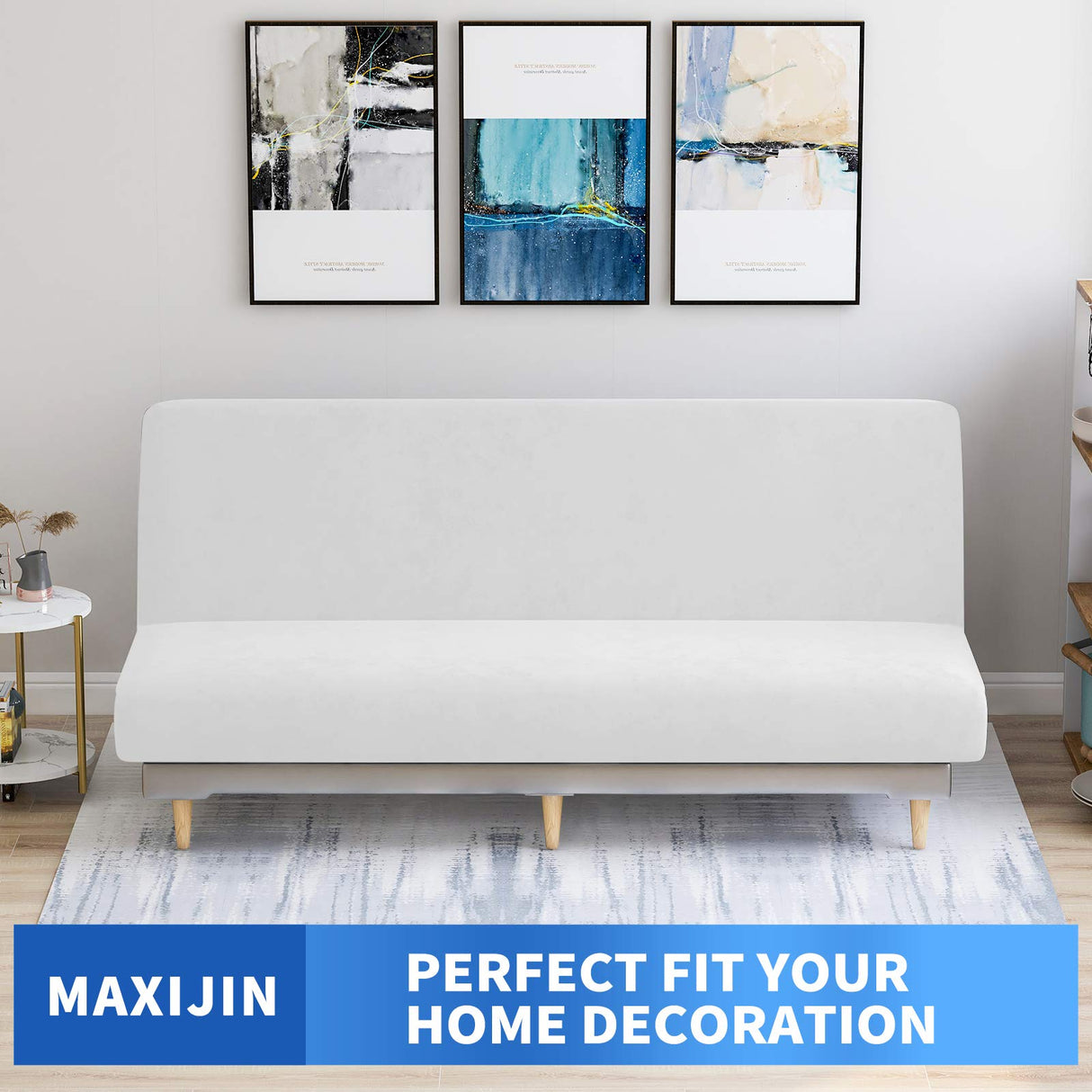 MAXIJIN Velvet Futon Cover Stretch Futon Slip Cover Full Size Futon Mattress Cover Armless Sofa Bed Plush Futon Couch Cover with Elastic Bottom (Futon, White) MAXIJIN