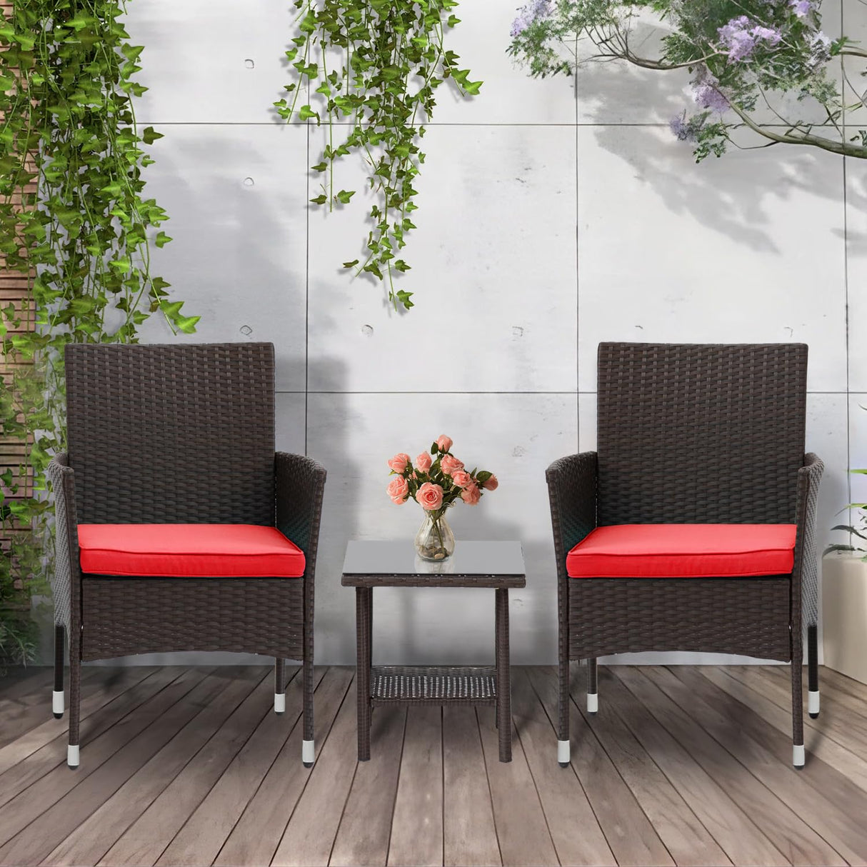 PayLessHere Set of 3 Outdoor Furniture Set Patio Furniture Set Brown Conversation Set with 2 Rattan Chairs Glass Coffee Table for Coffee Bar Poolside Patio Outdoor, Red Cushions PayLessHere