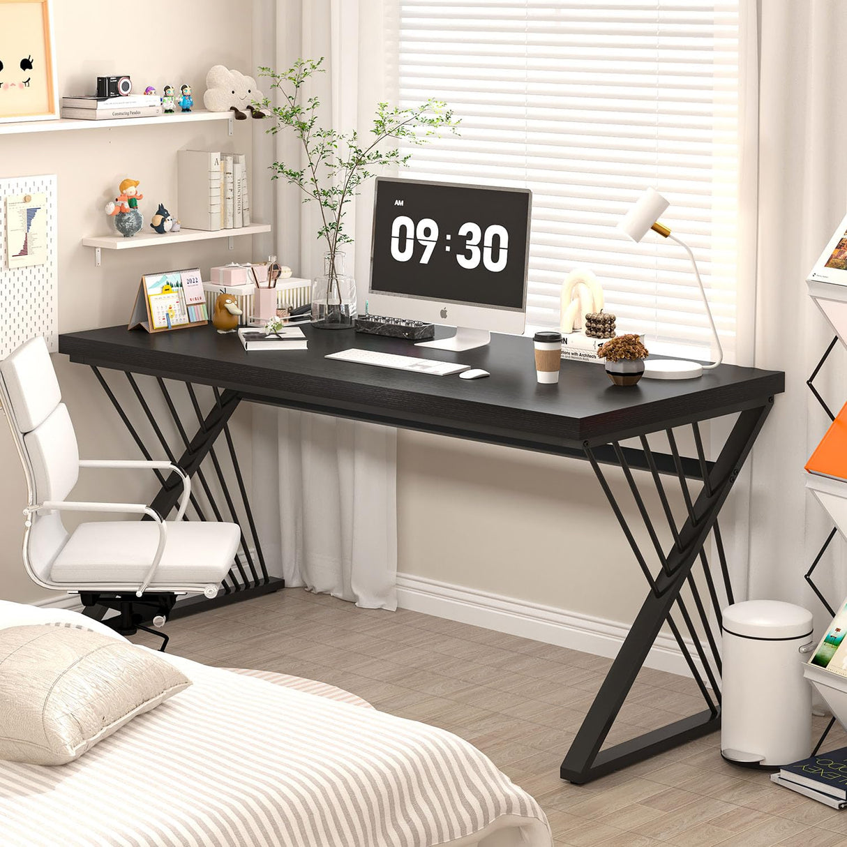 FOLUBAN Black Desk, Modern Wood and Metal Computer Desk for Home Office, Simple Writing Work PC Desks for Bedroom, Industrial Study Gaming Table for Living Room, Black, 53 Inch FOLUBAN