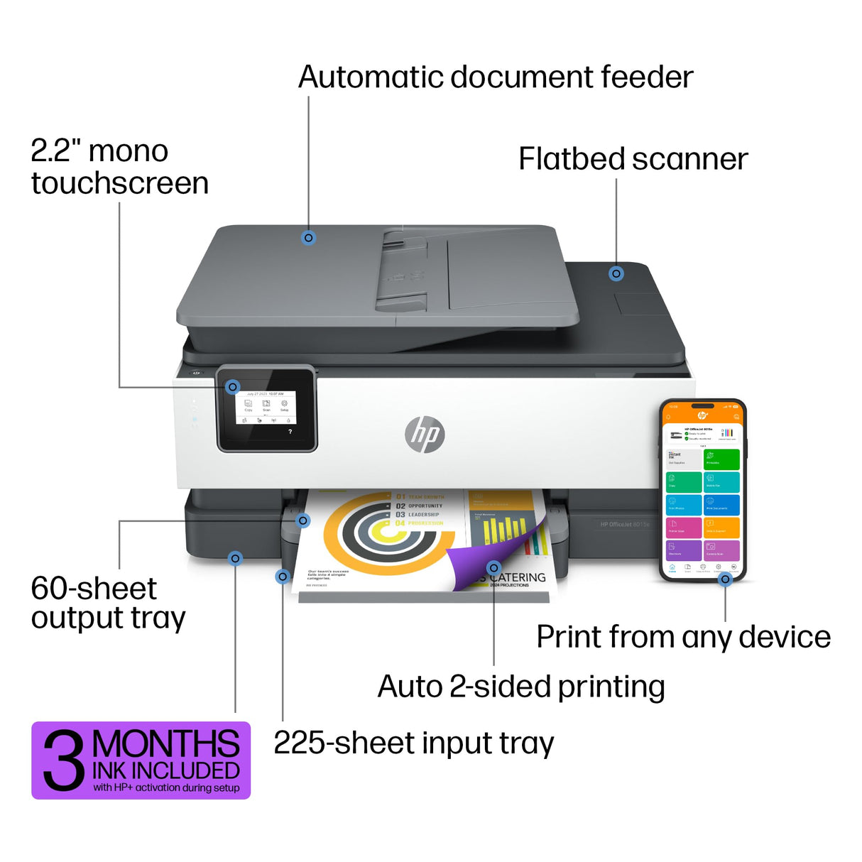 HP OfficeJet 8015e Wireless Color All-in-One Printer, 3 months of Instant Ink included HP