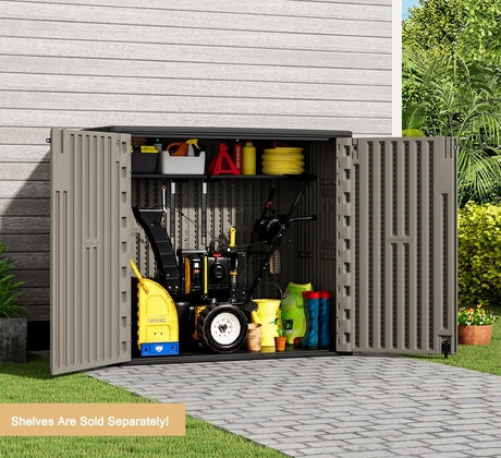 KINYING Outdoor Horizontal Storage Sheds,Outdoor Storage Cabinet Waterproof Resin Tool Storage Box for Lawn Mower,Garden Tools and Patio Furniture, Lockable (Brown) KINYING