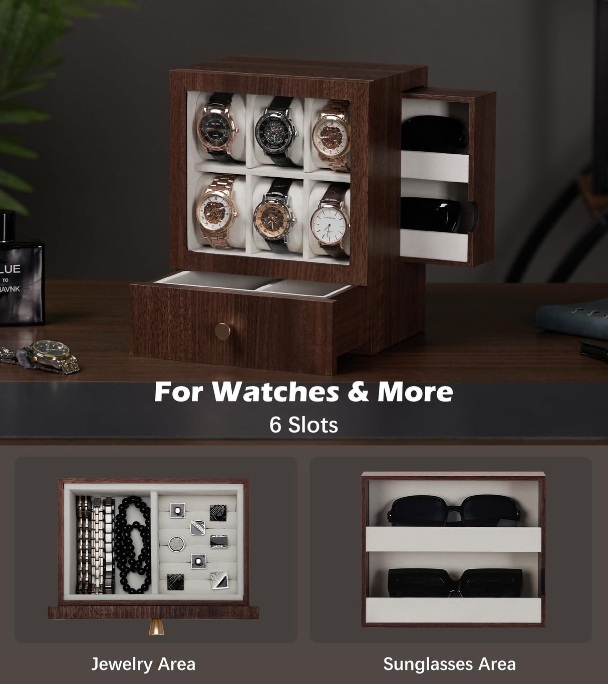 Homde Watch Box Wooden Display: Large Wood Storage for Men's Nightstand - Timeless Home Organizer (M Size) Homde