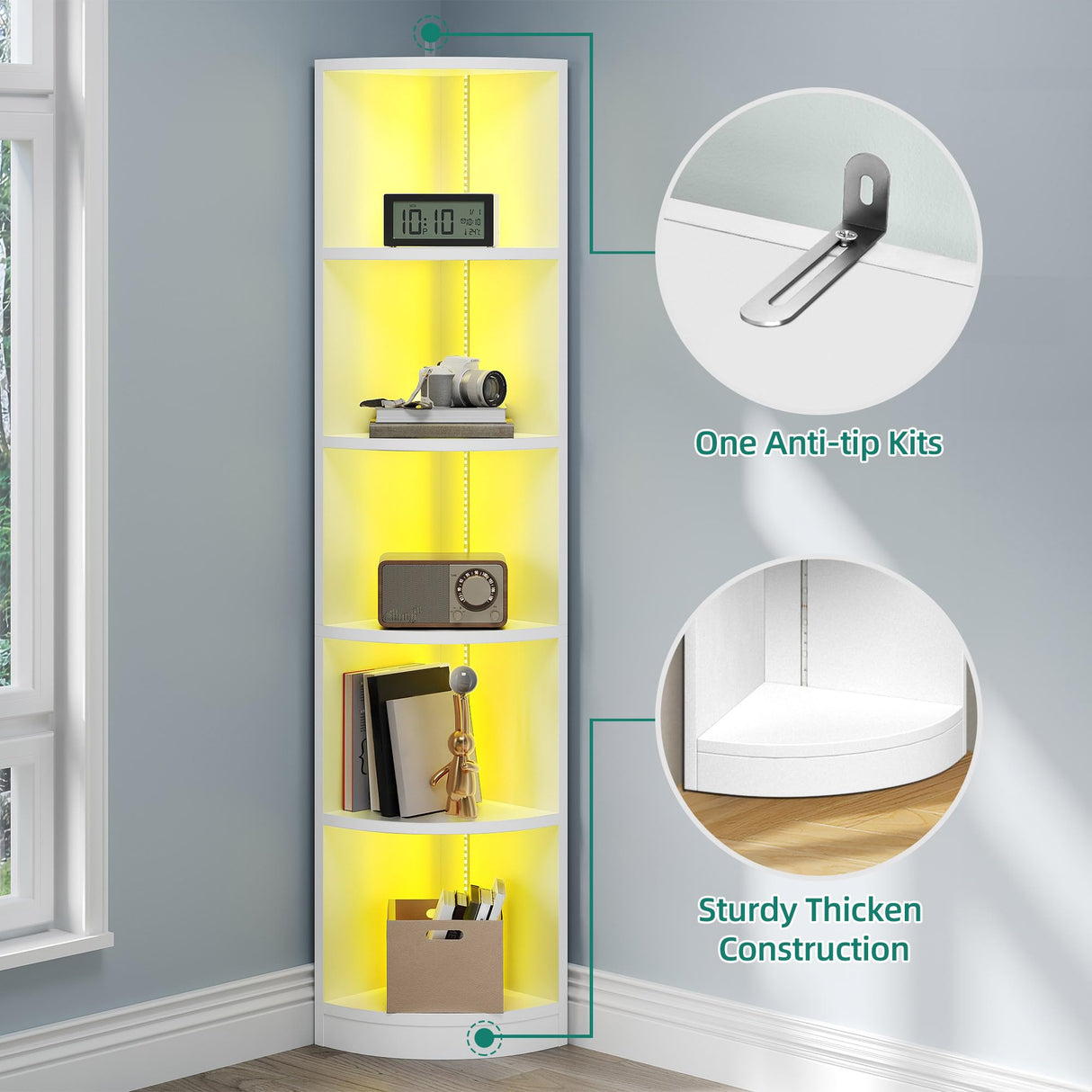YITAHOME 70.8" Corner Shelf with LED Light, 5 Tier Modern Corner Bookshelf, Display Corner‘s Bookcase and Bookshelves,Wooden Open Storage Book Shelves for Bedroom, Living Room, Home Office, White YITAHOME