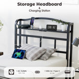 YORMDMO Twin Bed Frame - Storage Headboard with Charging Station, Easy Assembly, Heavy Duty Metal Bed Frame, No Box Spring Needed, 18 Inch, Black YORMDMO