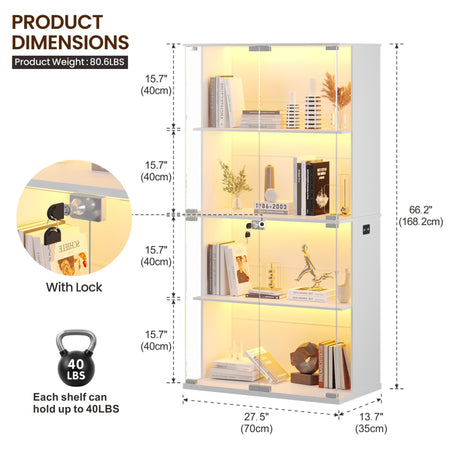 Lvifur Display Cabinet with Glass Doors,66' Curio Cabinet with Adjustable Shelf and Lockable,4-Tier Bookcase with 3 Color Lights for Collectibles,Storage Cabinets with Human Body for Books,Toys,White Lvifur
