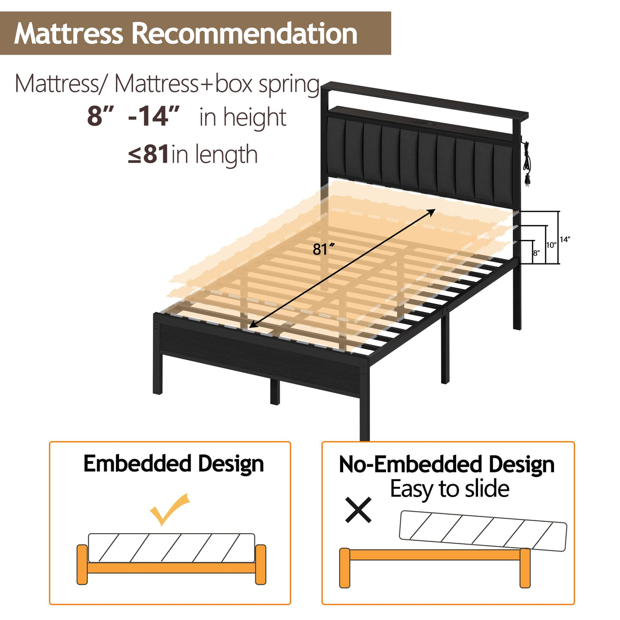 Furnulem Queen Size Bed Frame with Charging Station and LED Lights, Platform Bed with Metal Slats, Grey Upholstered Headboard with 2-Tier Storage Shelves, No Box Spring Needed Furnulem
