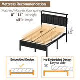 Furnulem Queen Size Bed Frame with Charging Station and LED Lights, Platform Bed with Metal Slats, Grey Upholstered Headboard with 2-Tier Storage Shelves, No Box Spring Needed Furnulem