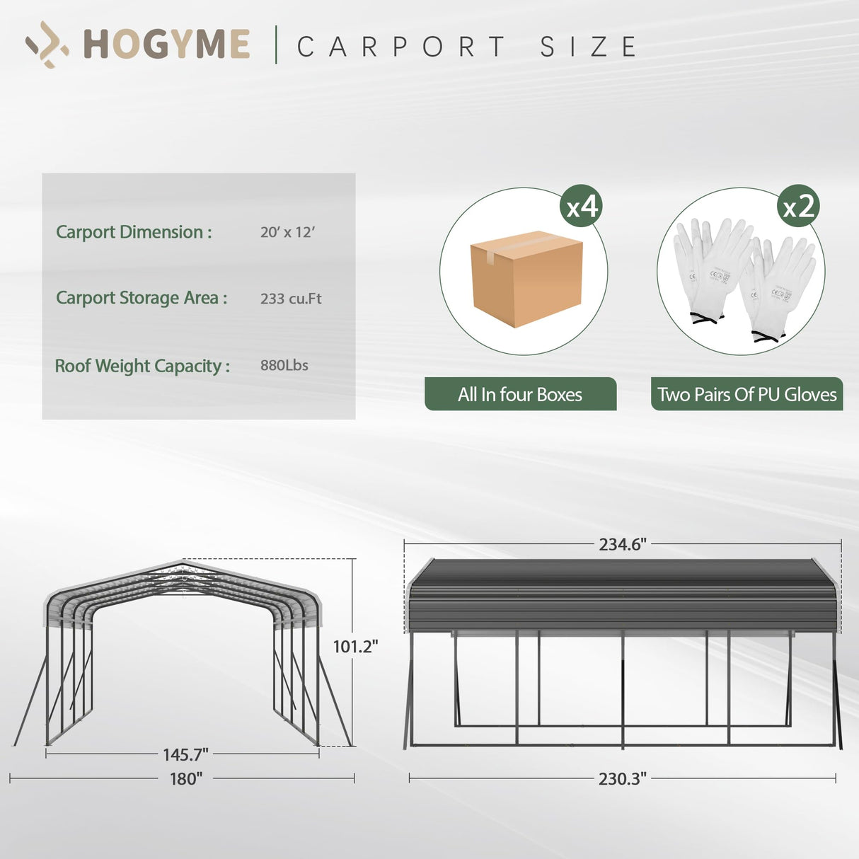 HOGYME Carport 12x20 FT Heavy Duty Carport Canopy with Updated Frame Structure Galvanized Steel Roof and Enhanced Base, Metal Carport Garage for Pickup, Boat, Car and Tractors, Grey HOGYME