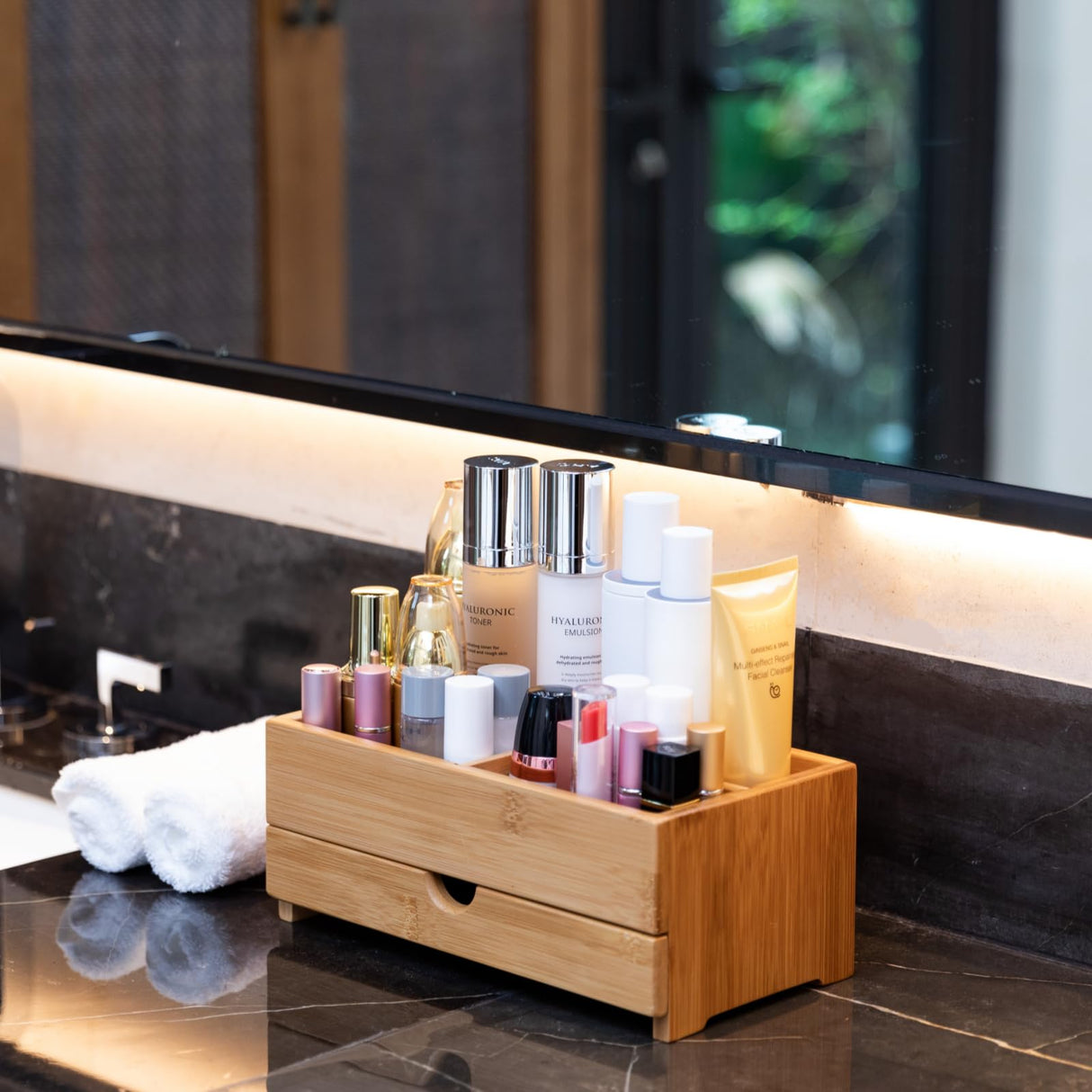 GOBAM Bamboo Makeup Organizer and Storage with Drawer, Wooden Cosmetic Organizer Countertop for Bathroom, Bedroom, Kitchen & Dresser, Desk Organizer with Drawers and Make up Vanity Station - Medium GOBAM