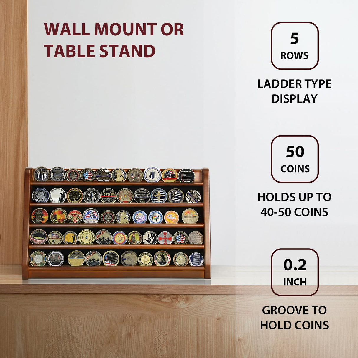 ASmileIndeep 5 Rows Challenge Coin Holder Display Stand Holds 50 Coins for Wall Mount or Tabletop, Solid Wood Military Coin Rack Display Case for ASmileIndeep