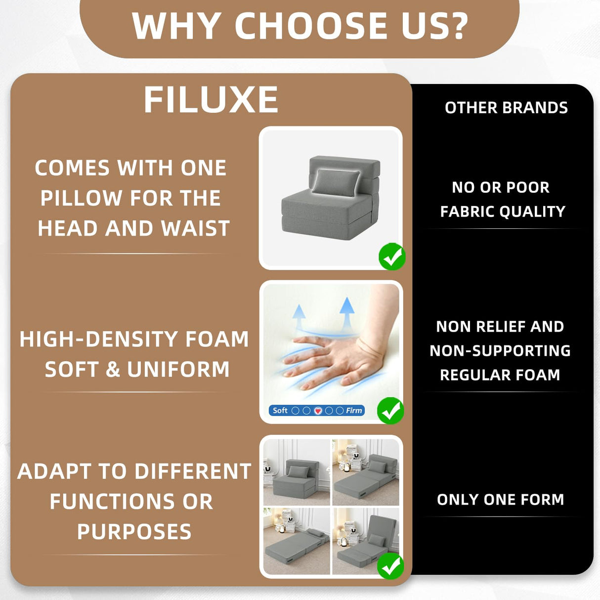 FILUXE Convertible Folding Sofa Bed - Sleeper Chair with Pillow, Modern Linen Fabric Floor & Futon Couch, Foldable Mattress for Living Room/Dorm/Guest Use/Home Office/Apartment, Single Size Light Gray FILUXE