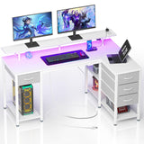 Seventable Gaming Desk with Drawers, 47.2 Inch L Shaped Desk with Storage Shelves, Small Office Desk with LED Lights & Power Outlets, White Corner Computer Desk with Monitor Stand for Bedroom Seventable
