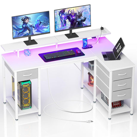 Seventable Gaming Desk with Drawers, 47.2 Inch L Shaped Desk with Storage Shelves, Small Office Desk with LED Lights & Power Outlets, White Corner Computer Desk with Monitor Stand for Bedroom Seventable