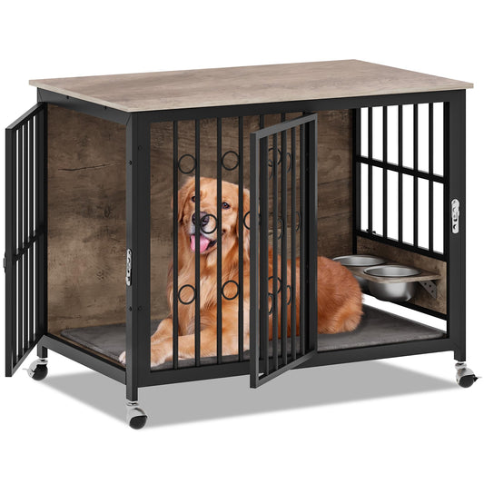 37.4'' Dog Crate Furniture, Wooden Dog Kennel End Table with Cushion, Rolling Casters, and 2 Bowls, Heavy Duty Dog Crate TV Stand for Medium Dog, 37''L x 24''W x 29''H, Inner Height 24'', Greige