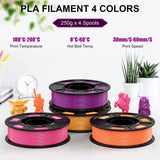 HEPHI3D 3D Printer PLA Filament Bundle 250g X 4 Spools, 1.75mm PLA Filament Pack 3D Printing Material, Bright Color Pink/Purple/Orange/Gold, PLA Filaments for Most FDM 3D Printer HEPHI3D