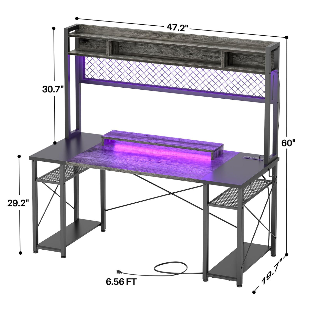 iSunirm 48 Gaming Desk with Hutch, Large Computer Desk with LED and Charging Station, Home Office Desk with Pegboard, Power Outlet, Storage and Monitor Stand, 48'' Gamer Desk PC Table, Grey iSunirm