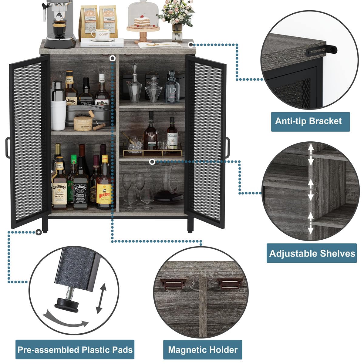 BON AUGURE Small Coffee Bar Cabinet for Liquor, Farmhouse Storage Cabinet with Doors, Wood Sideboard Buffet Cabinets for Home Kitchen, Dining Room, Living Room (Dark Grey Oak) BON AUGURE